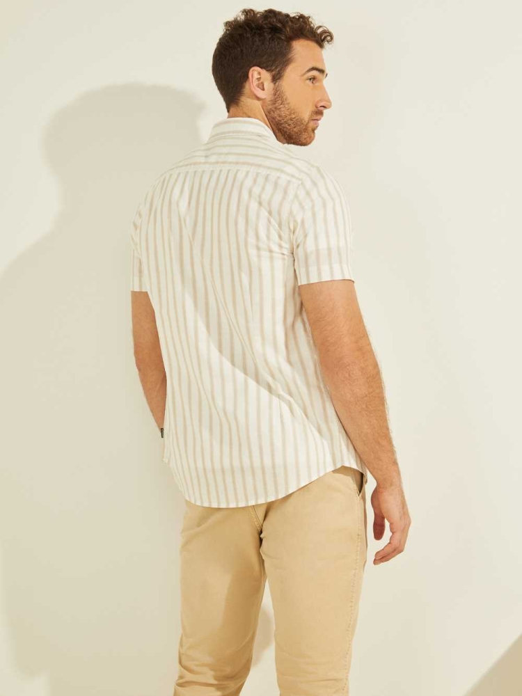 GUESS Falls Striped Men's Shirts Beige | UK1289EXZ