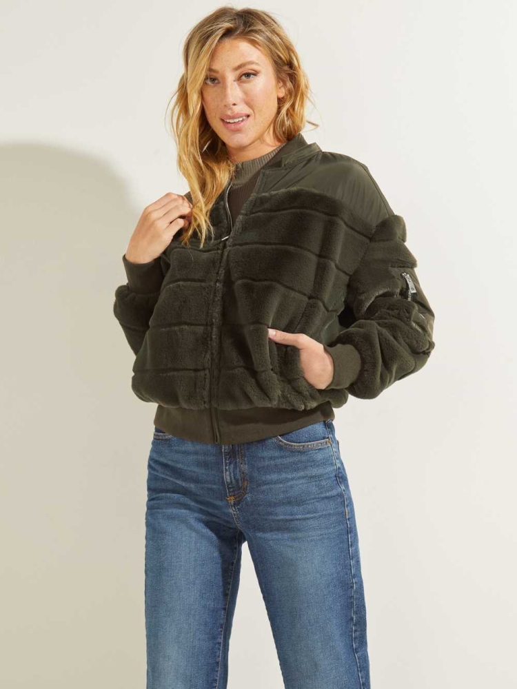 GUESS Felicia Faux-Fur Bomber Women's Jackets Green Multicolor | UK0497ZCM