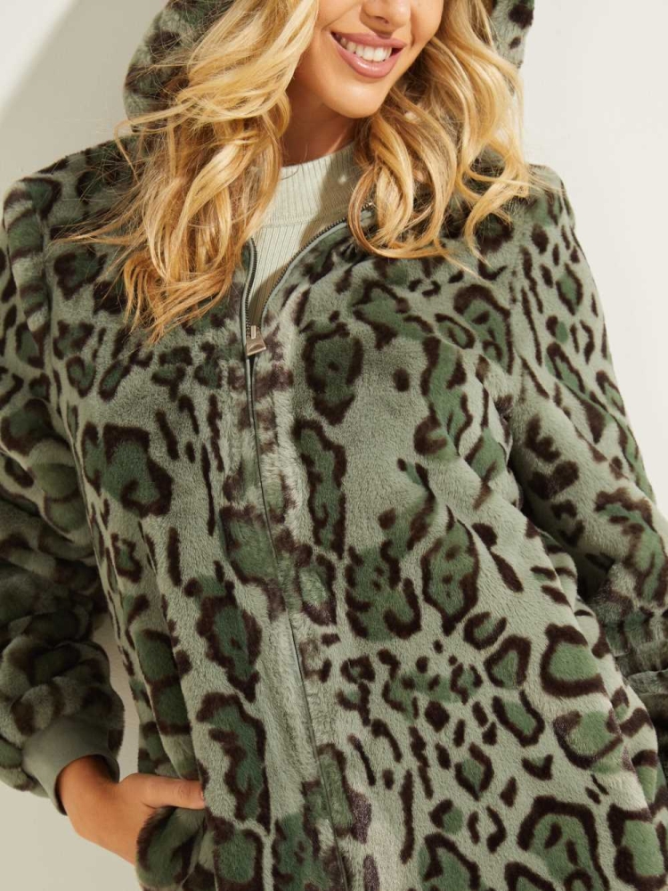 GUESS Fernanda Leopard Faux-Fur Women's Coats Green Olive | UK6132UGO