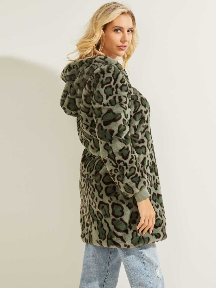 GUESS Fernanda Leopard Faux-Fur Women's Coats Green Olive | UK6132UGO