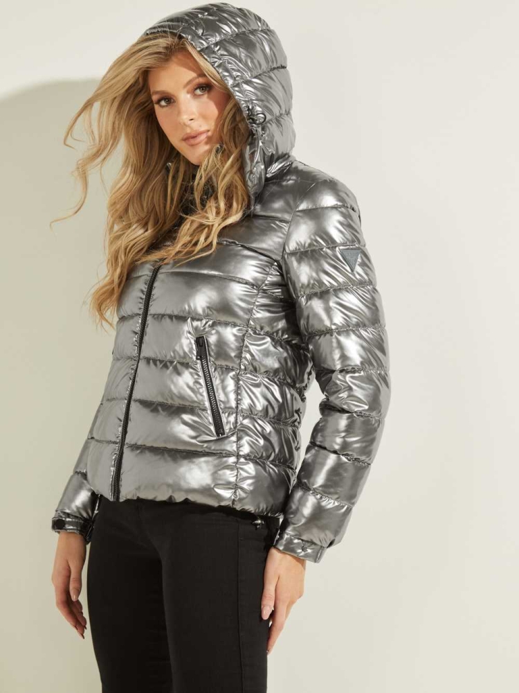 GUESS Fiorenza Metallic Puffer Women's Jackets Silver | UK9847AVH