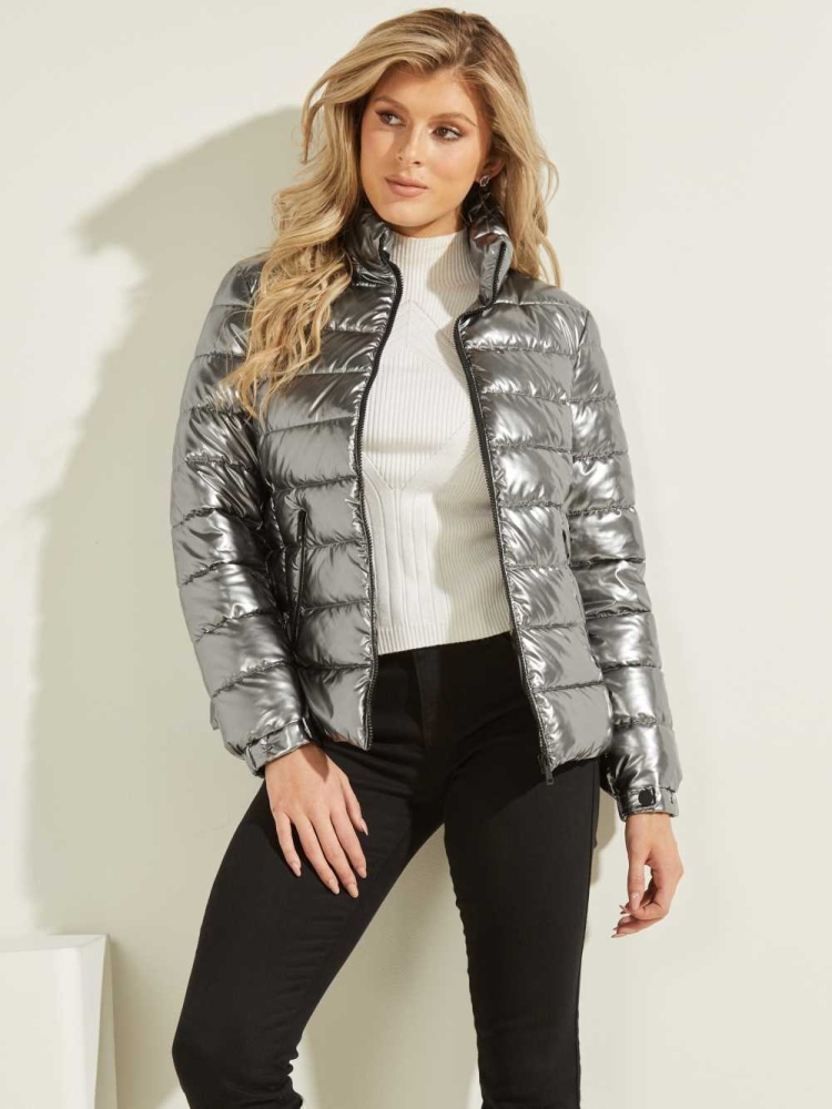 GUESS Fiorenza Metallic Puffer Women's Jackets Silver | UK9847AVH