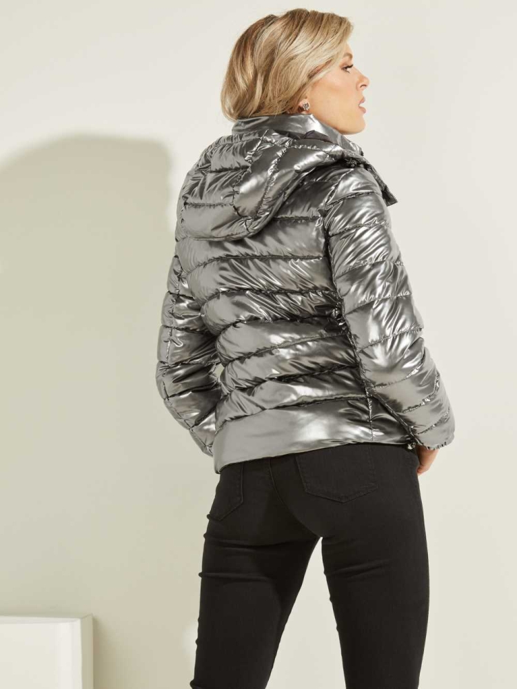 GUESS Fiorenza Metallic Puffer Women's Jackets Silver | UK9847AVH