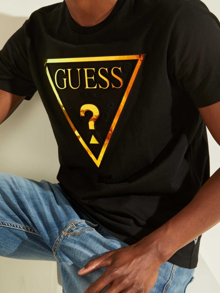 GUESS Hologram Logo Men's T-Shirts Black | UK7326FGX