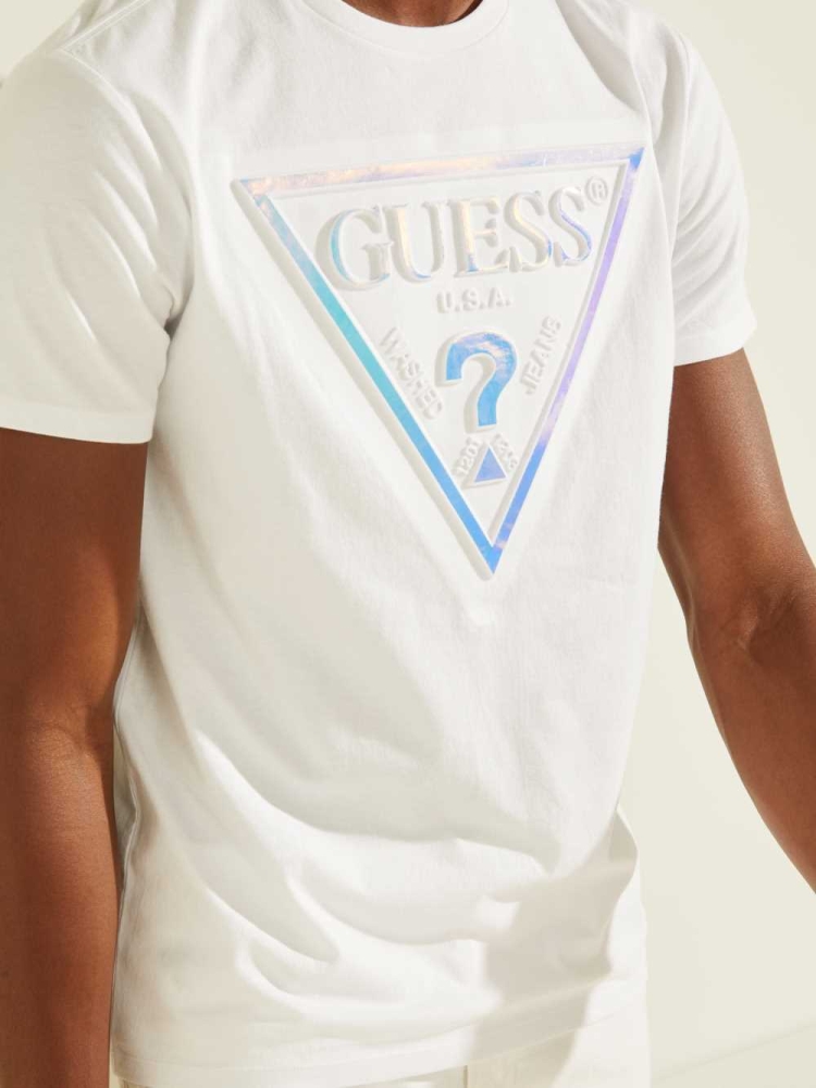 GUESS Hologram Logo Men's T-Shirts White | UK0213ZUC