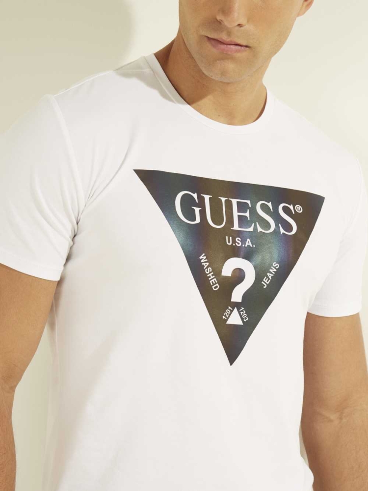 GUESS Iridescent Logo Graphic Men's T-Shirts White | UK9652RWZ