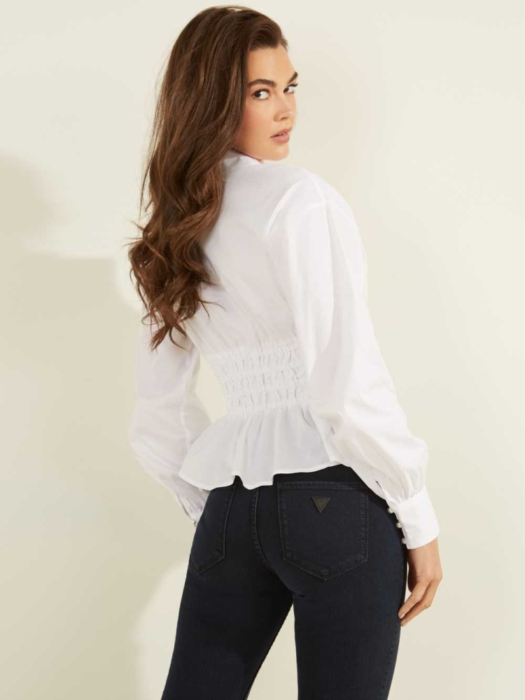 GUESS Jane Shirred Women's Blouse White | UK5497BVL