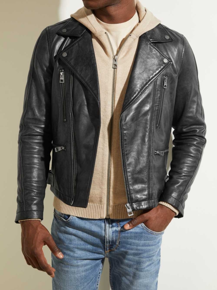 GUESS Leather Biker Men's Jackets Black | UK7184FNP