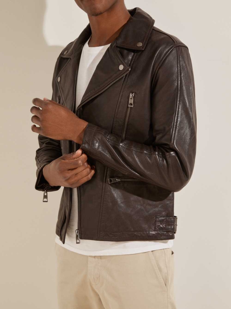 GUESS Leather Biker Men's Jackets Chocolate Brown | UK5390NWQ