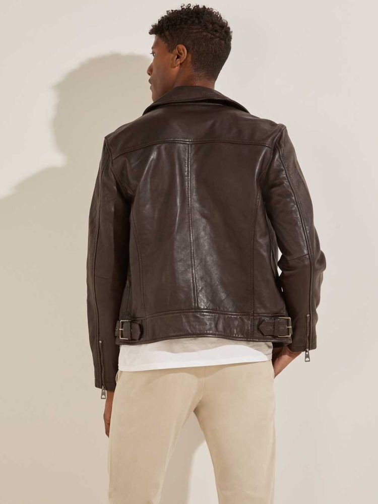 GUESS Leather Biker Men's Jackets Chocolate Brown | UK5390NWQ