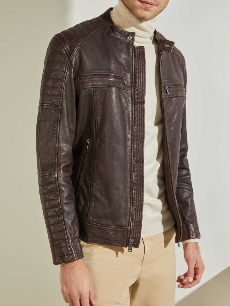 GUESS Leather Biker Men's Jackets Chocolate Brown | UK6572TGK