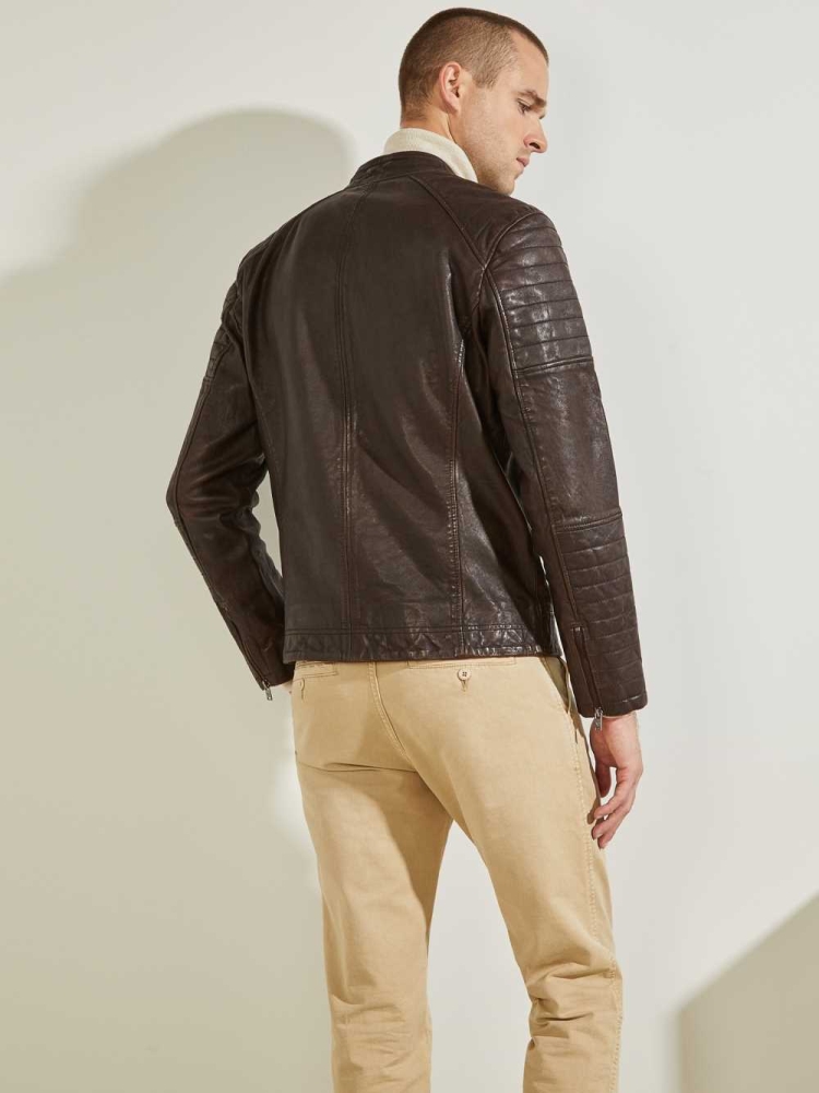 GUESS Leather Biker Men's Jackets Chocolate Brown | UK6572TGK