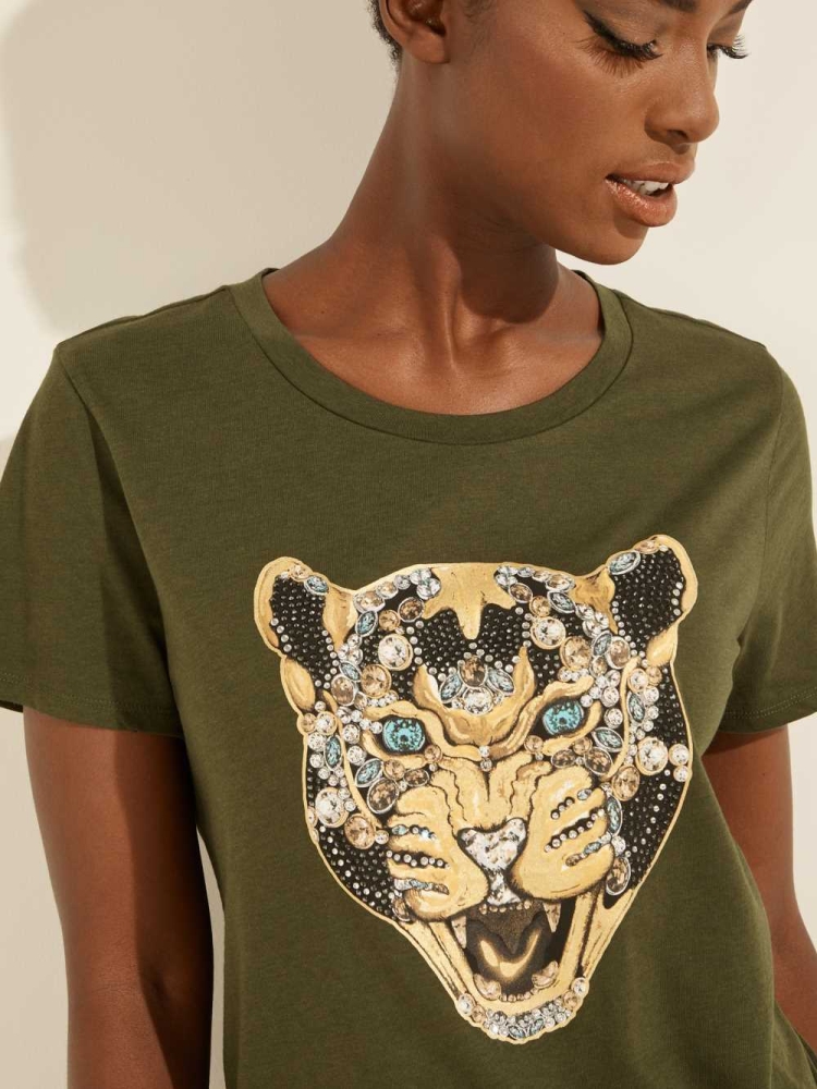 GUESS Leopard Bling Women's T-Shirts Green | UK6410ARH