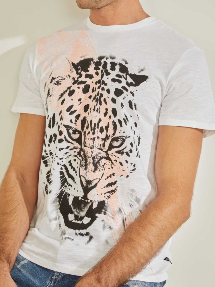 GUESS Leopard Brushstroke Men's T-Shirts White | UK7964TAQ