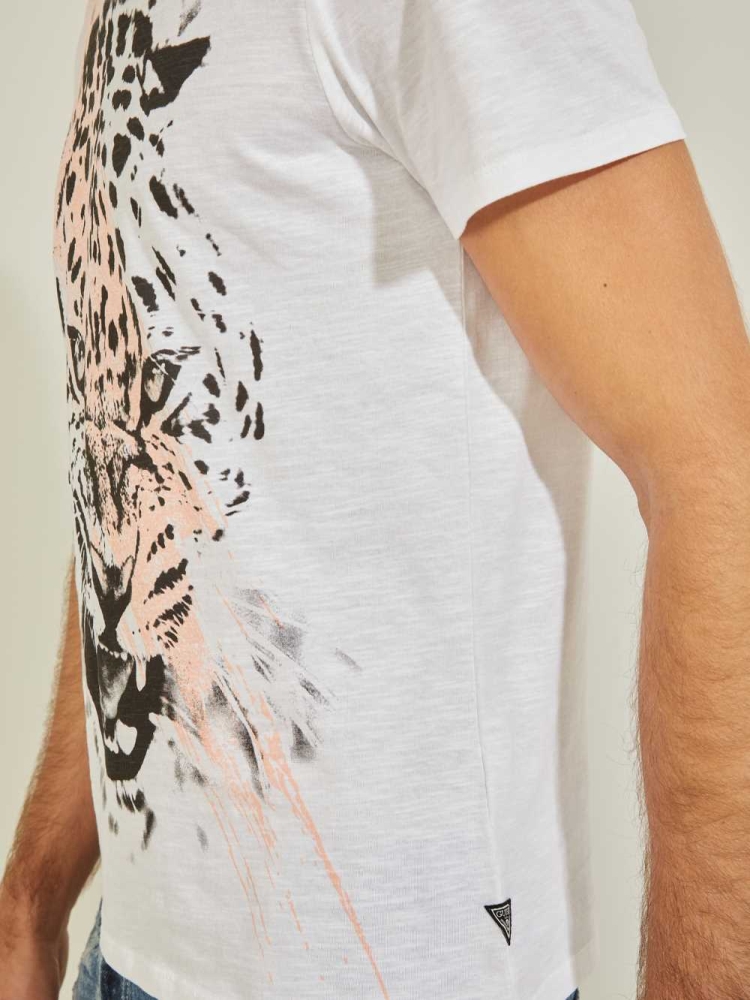 GUESS Leopard Brushstroke Men's T-Shirts White | UK7964TAQ