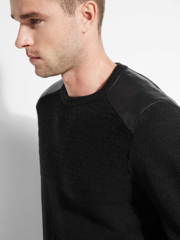 GUESS Liam Herringbone Contrast Men's Sweaters Black | UK1976ZHP