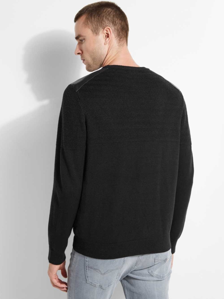 GUESS Liam Herringbone Contrast Men's Sweaters Black | UK1976ZHP