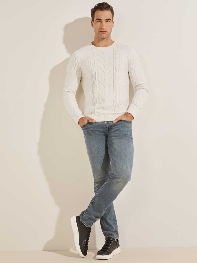 GUESS Liam Mixed Cable Men's Sweaters White | UK4237XDO