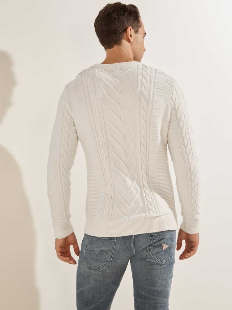 GUESS Liam Mixed Cable Men's Sweaters White | UK4237XDO