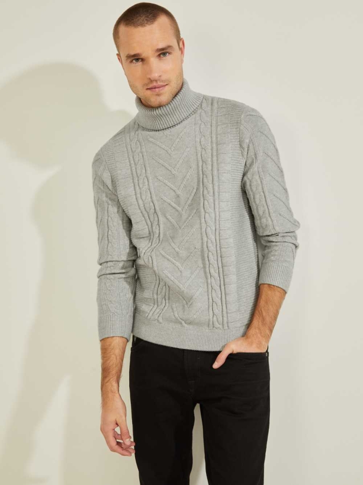 GUESS Liam Mixed Cable Turtleneck Men\'s Sweaters Light Grey Multicolor | UK5364LNR