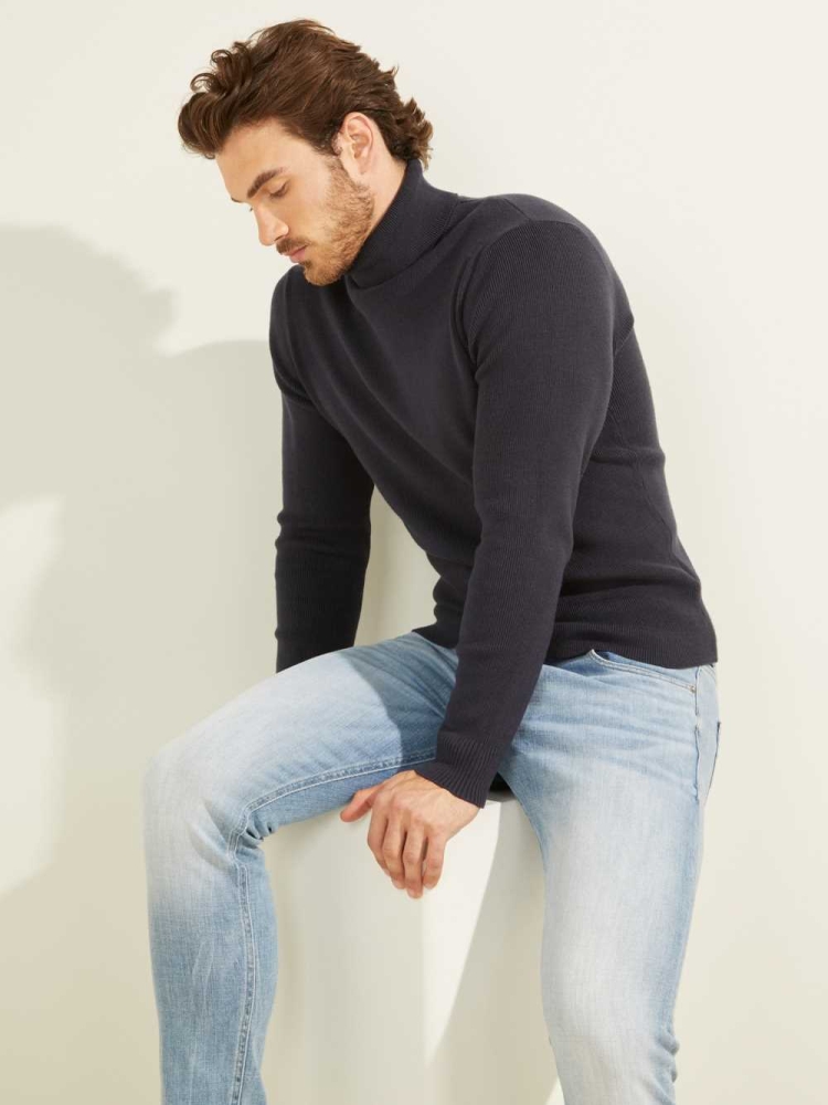 GUESS Liam Ribbed Men's Sweaters Dark Blue | UK8304OKY