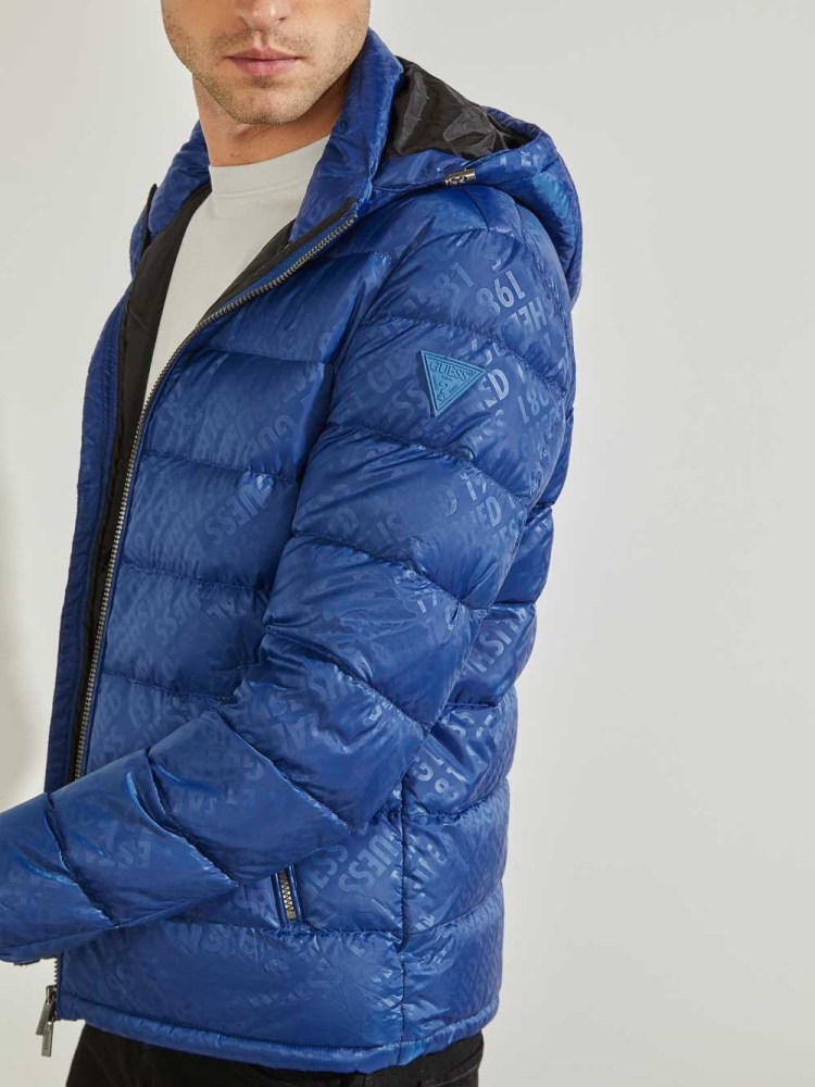 GUESS Logo Down Puffer Men's Jackets Blue | UK9412CJA