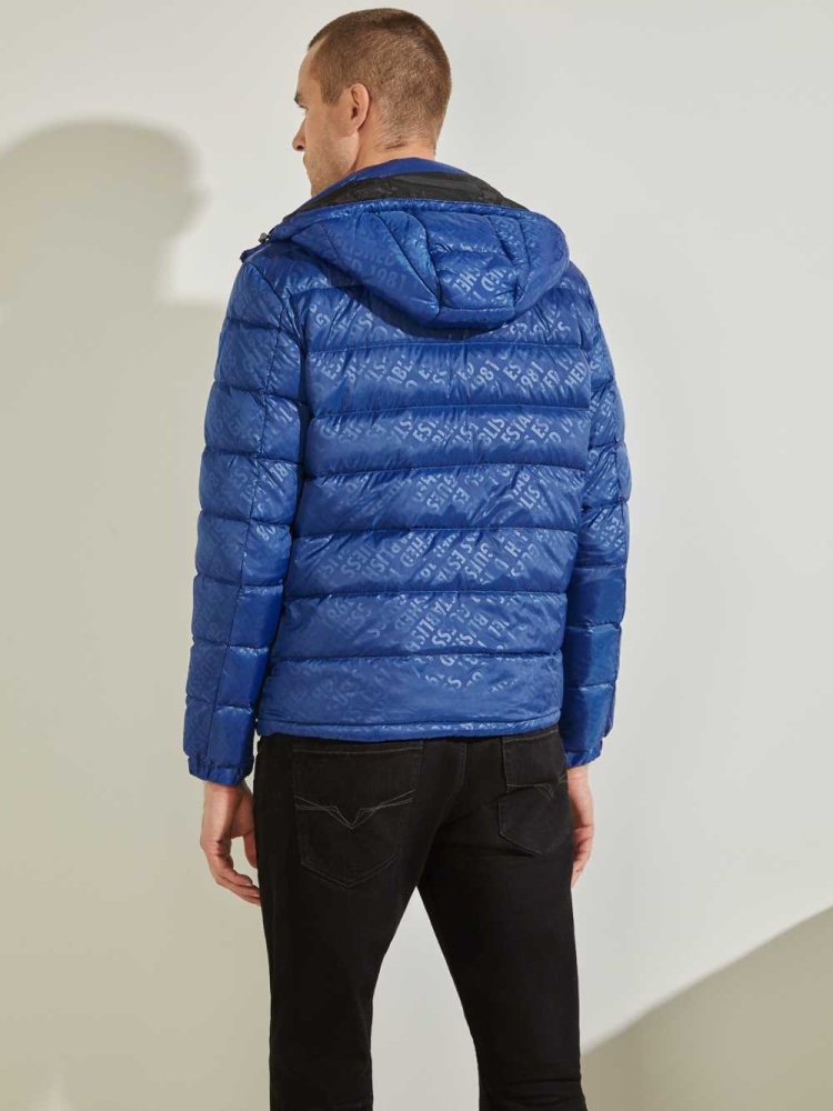 GUESS Logo Down Puffer Men's Jackets Blue | UK9412CJA