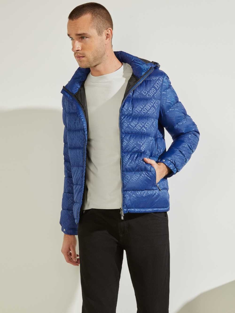 GUESS Logo Down Puffer Men's Jackets Blue | UK9412CJA