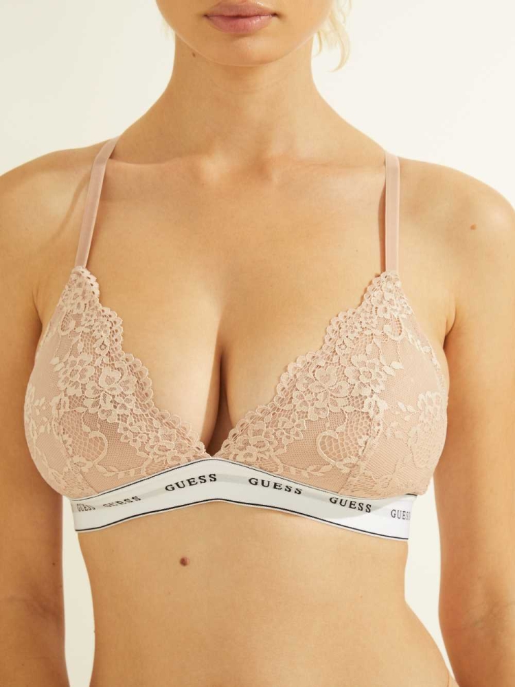 GUESS Logo Lace Triangle Bralette Women's Underwear Skin Color | UK3958PWT