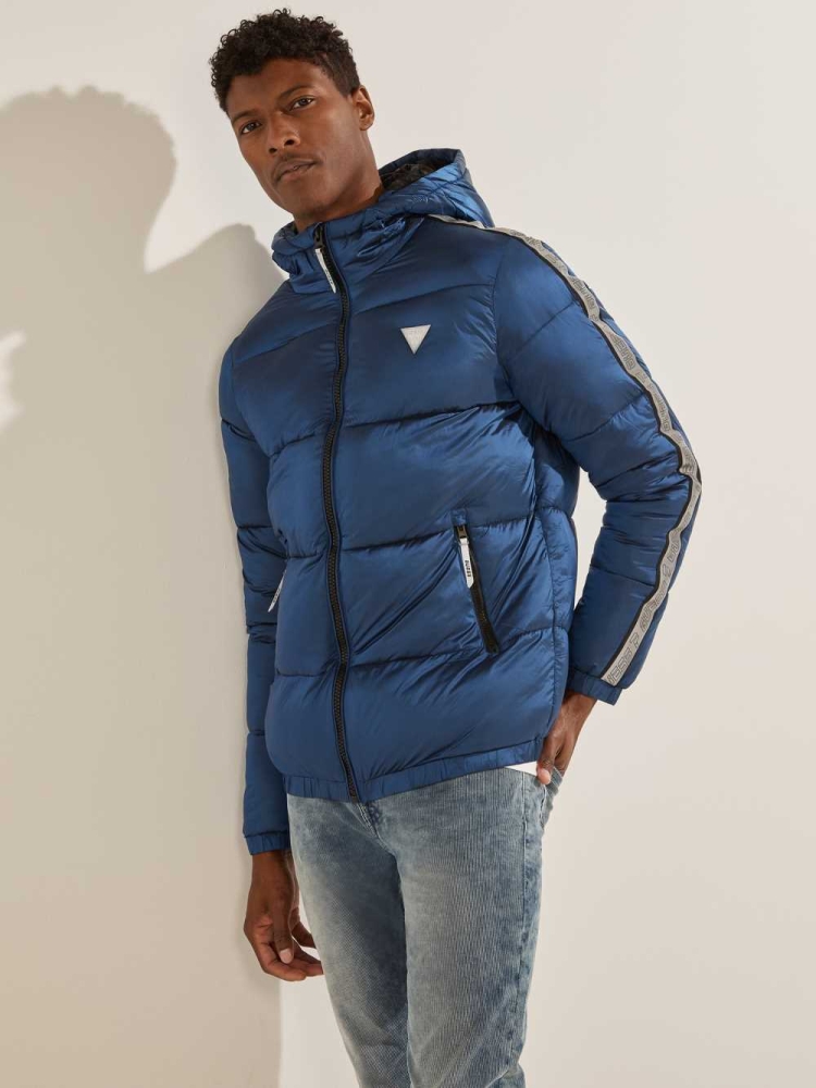 GUESS Logo Nylon Puffer Men's Jackets Blue | UK9835TQL