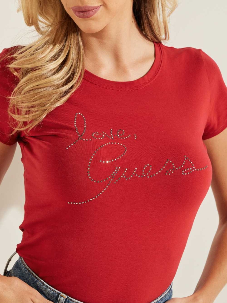 GUESS Love Rhinestone Women's T-Shirts Burgundy | UK3984GFA