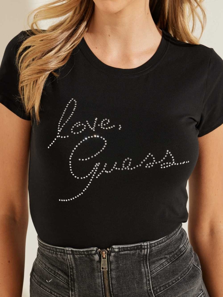 GUESS Love Rhinestone Women's T-Shirts Black | UK4769HFZ