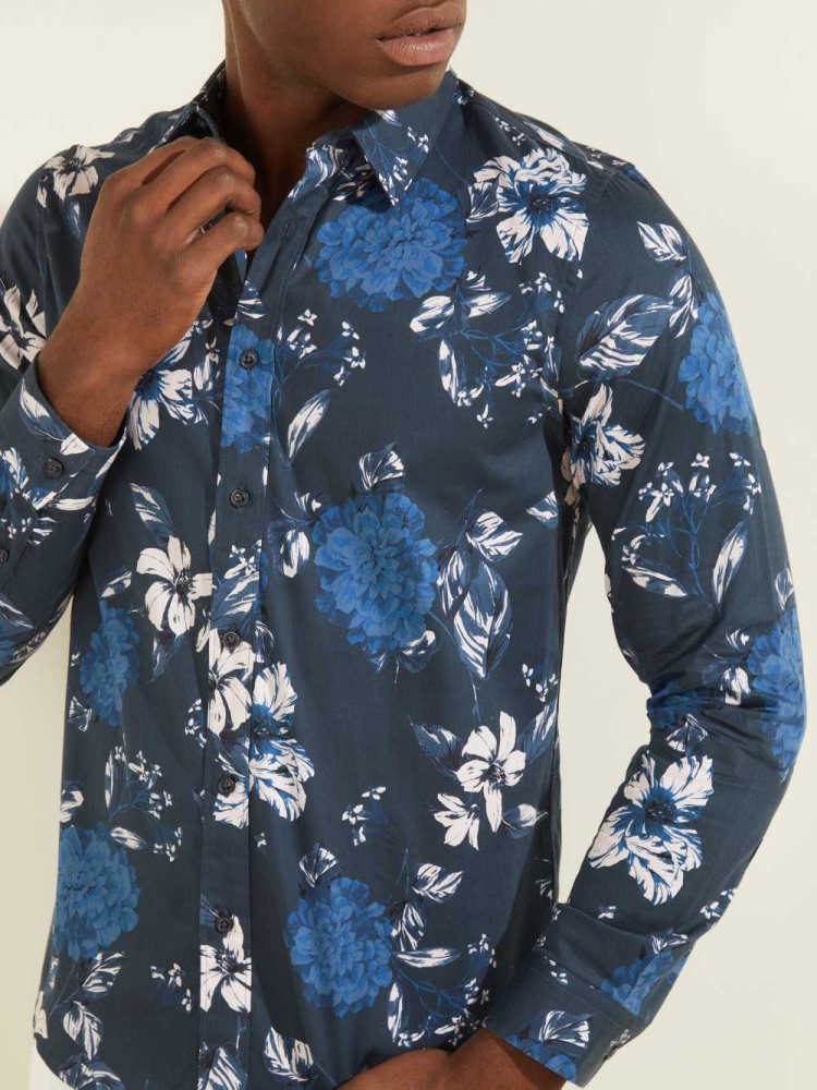 GUESS Luxe Camelia Cascade Men's Shirts Brown Blue | UK1702PHT