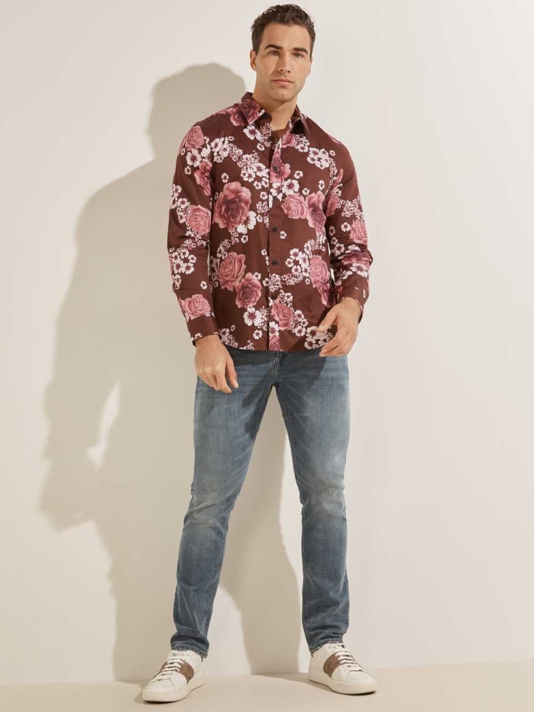 GUESS Luxe Knoll Garden Men's Shirts Burgundy Flower | UK4278QFT