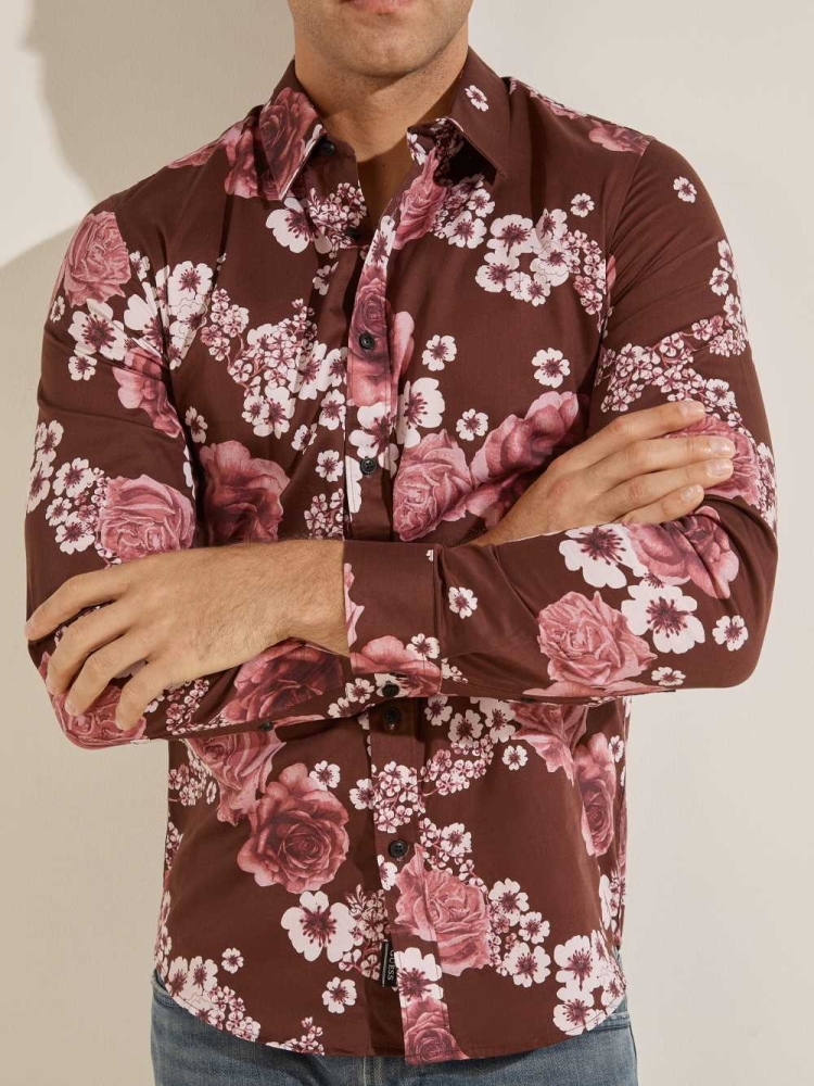 GUESS Luxe Knoll Garden Men's Shirts Burgundy Flower | UK4278QFT