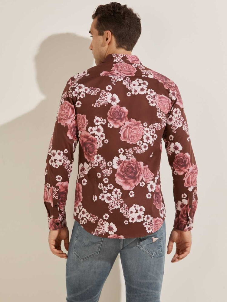 GUESS Luxe Knoll Garden Men's Shirts Burgundy Flower | UK4278QFT