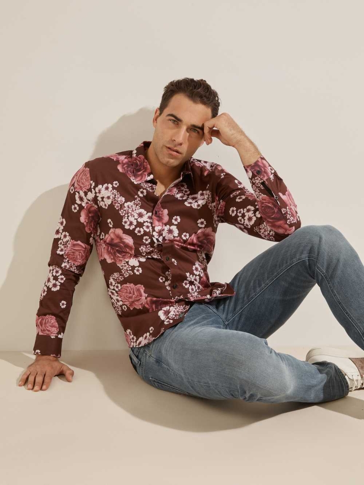 GUESS Luxe Knoll Garden Men\'s Shirts Burgundy Flower | UK4278QFT