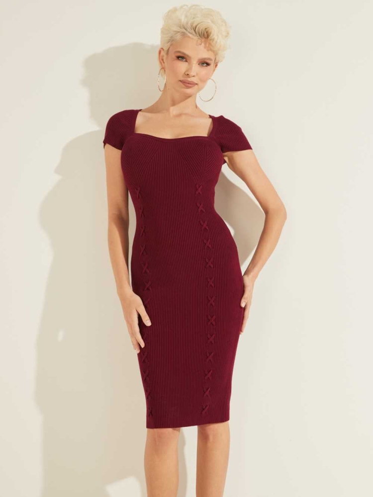 GUESS Margot Ribbed Women\'s Dresses Burgundy | UK4087TKW