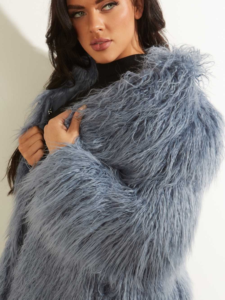 GUESS Maurizia Shaggy Faux-Fur Women's Coats Blue | UK0769XPQ