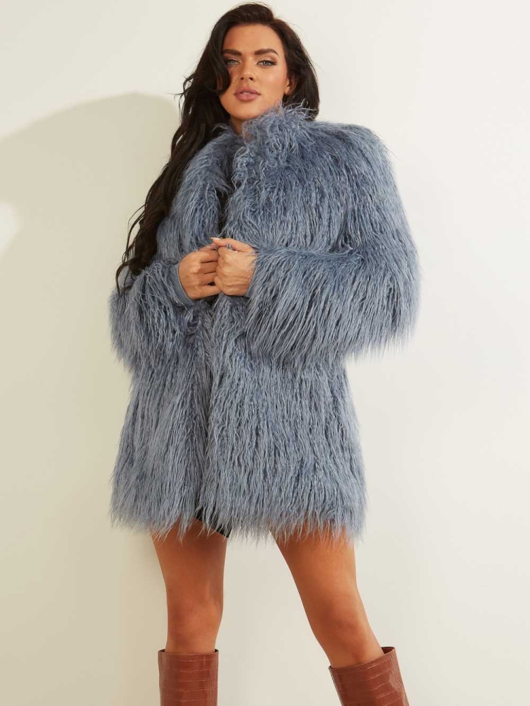 GUESS Maurizia Shaggy Faux-Fur Women's Coats Blue | UK0769XPQ