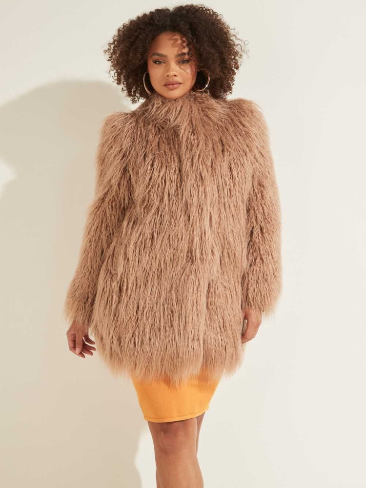 GUESS Maurizia Shaggy Faux-Fur Women's Coats Light Coffee | UK2178TBN