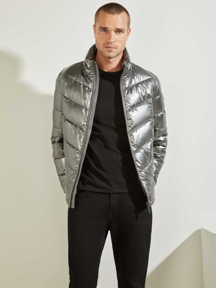 GUESS Metal Space Puffer Men's Jackets Silver | UK7640VQO