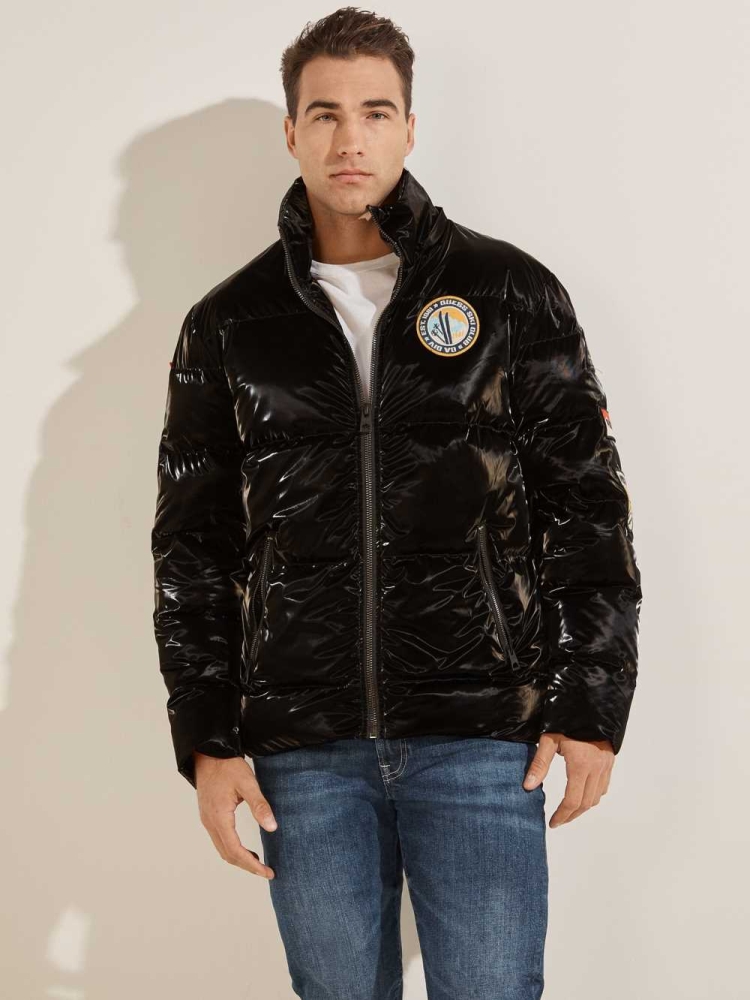 GUESS Metallic Nylon Puffer Men's Jackets Black Multicolor | UK2189BGZ