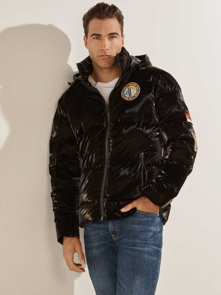 GUESS Metallic Nylon Puffer Men\'s Jackets Black Multicolor | UK2189BGZ