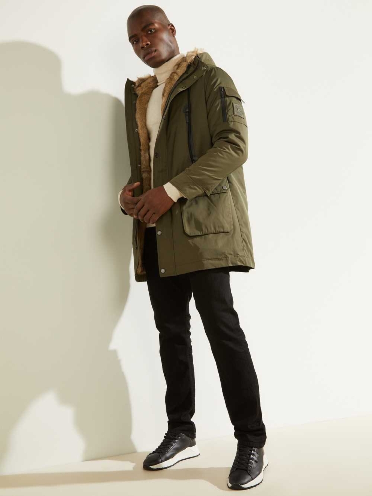 GUESS Military Faux-Fur Lined Men's Parka Jackets Olive | UK5367PNA