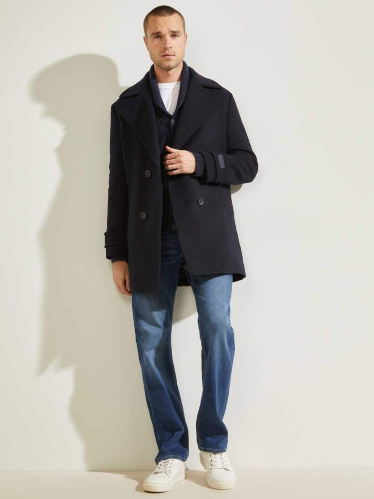 GUESS Military Wool-Blend Men's Coats Dark Blue | UK6539OFX