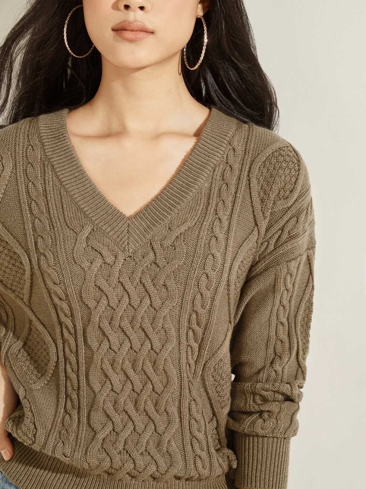 GUESS Noemi Cable Knit Women's Sweaters Khaki | UK2073AGS