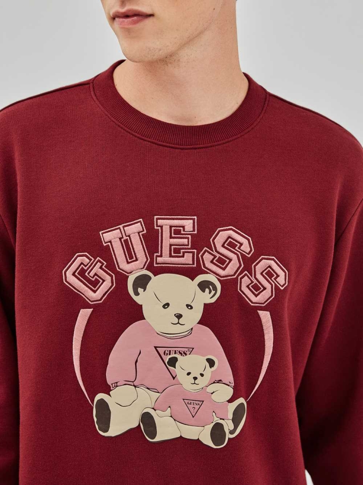 GUESS Originals Bear Crewneck Men's Sweatshirt Burgundy | UK3206VRS