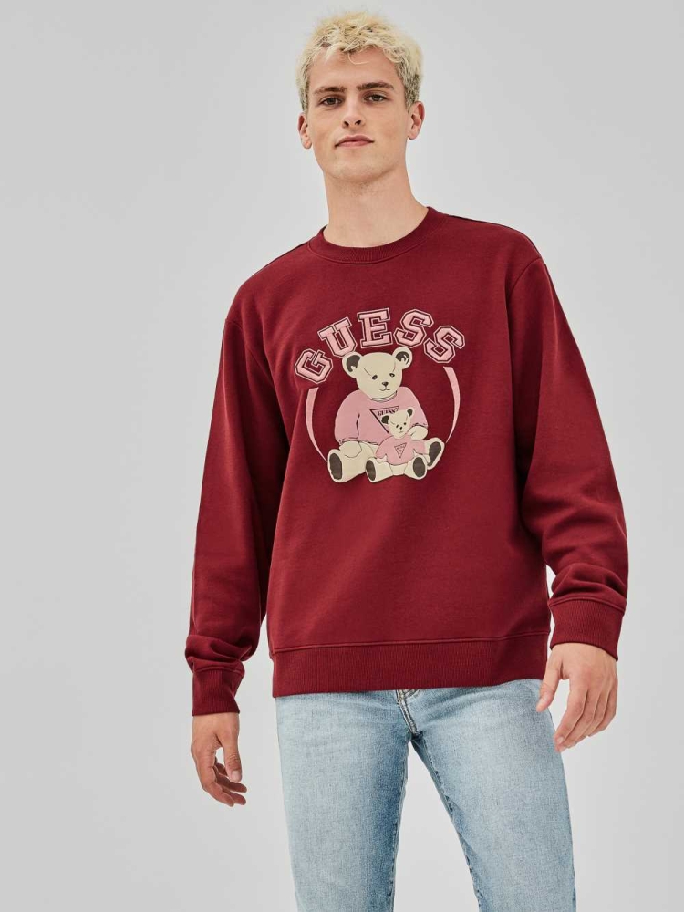 GUESS Originals Bear Crewneck Men\'s Sweatshirt Burgundy | UK3206VRS