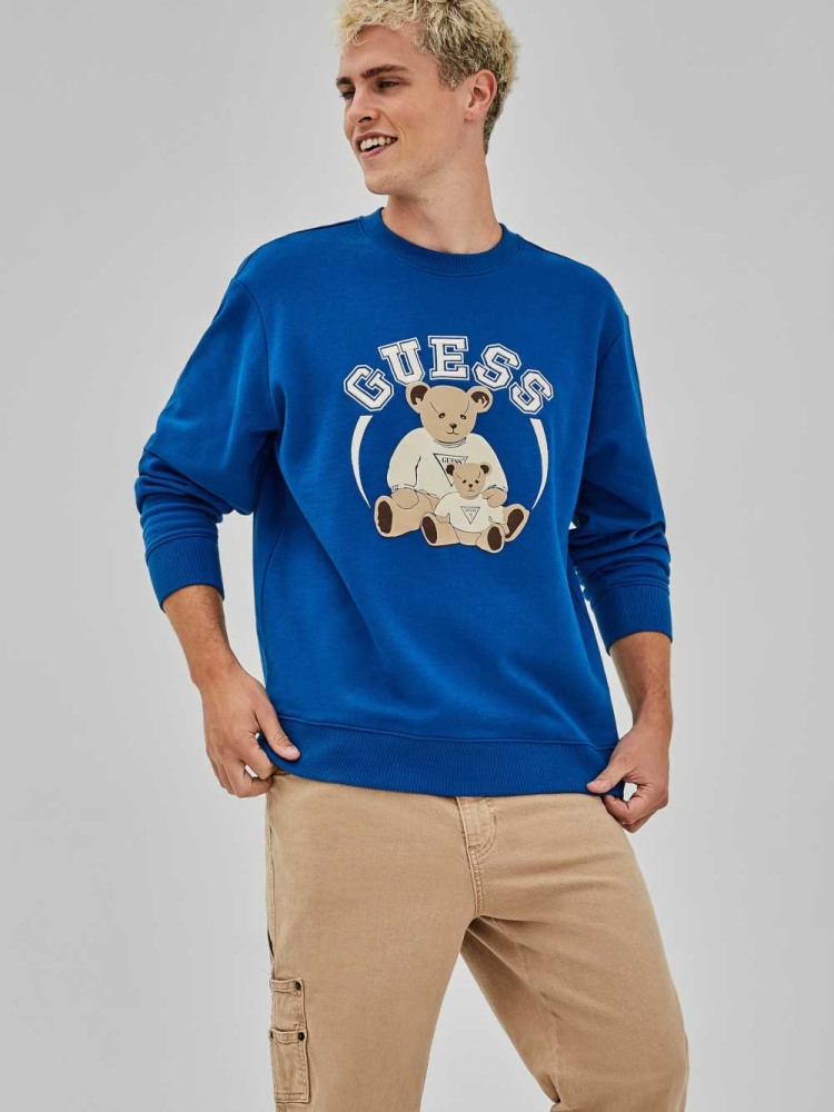 GUESS Originals Bear Crewneck Men's Sweatshirt Blue | UK7645HWT